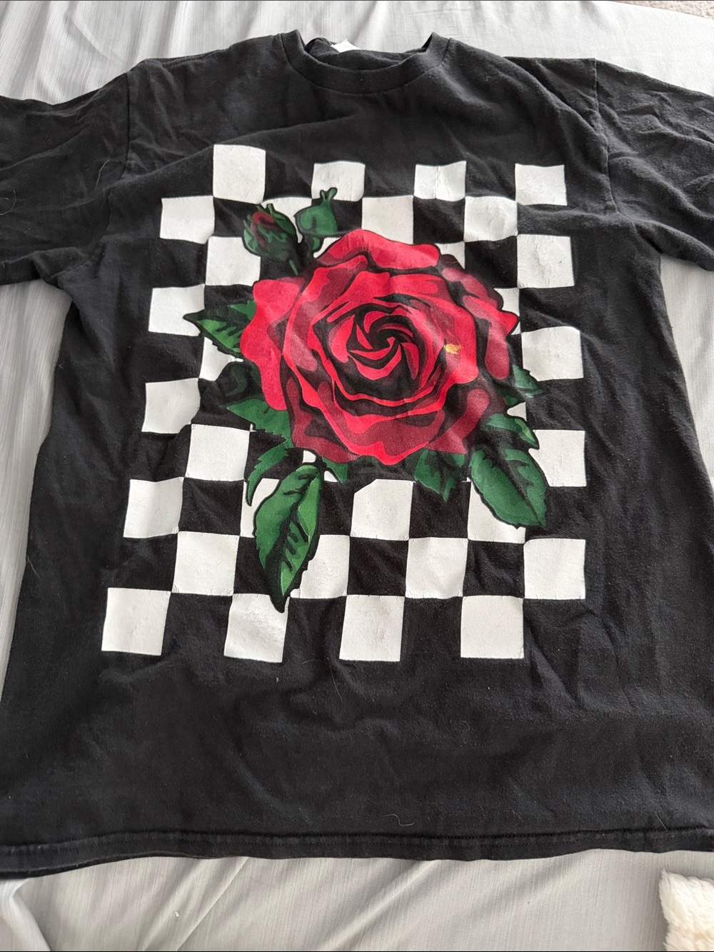 Black Tee with Red Rose & White Checker Graphic